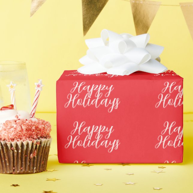 Papier Cadeau Bright Red Plain Elegant Happy Holidays Handwrite (Fête d'anniversaire)