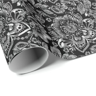 Papier Cadeau Brillant Argent Baroque Floral Damas Sur Blanc