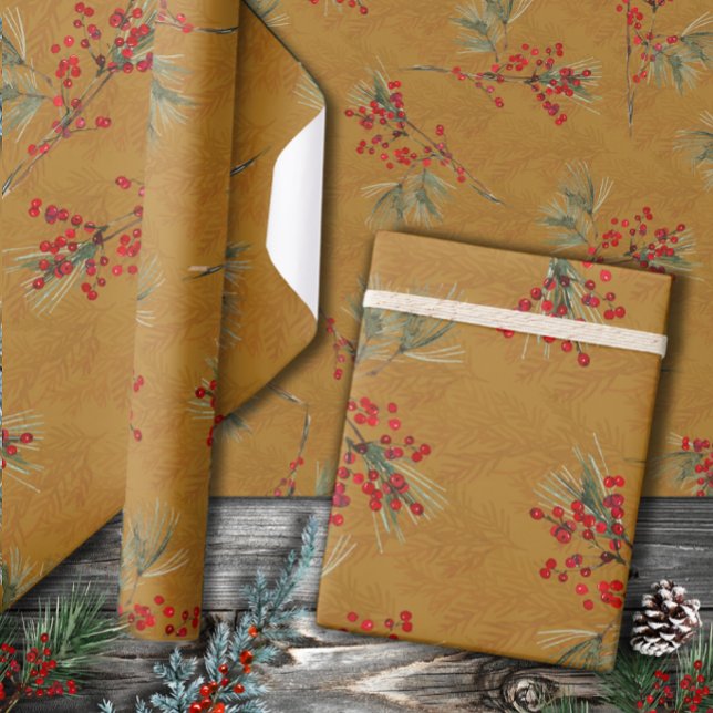 Papier Cadeau Broderie de pin blanc Rouge Ilex Berries Or (Créateur téléchargé)