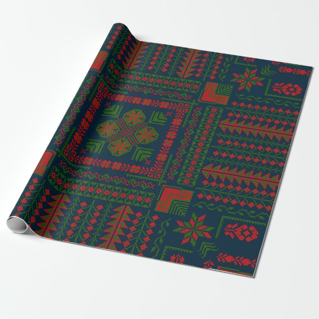 Papier Cadeau Broderie palestinienne Tatreez rouge vert 5 Motif (Déroulé)