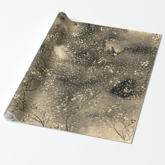 Papier Cadeau  Bronze Winter Dusk Sky Gold Berries et neige (Déroulé)
