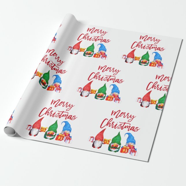 Papier Cadeau Brosse rouge Script Aquarelle de Noël Gnomes (Déroulé)