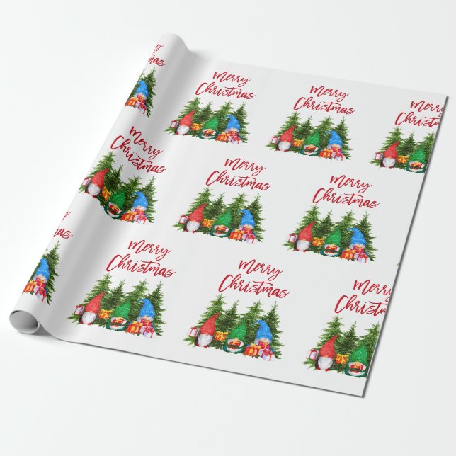 Papier Cadeau Brosse rouge Script Aquarelle de Noël Gnomes Arbre (Déroulé)