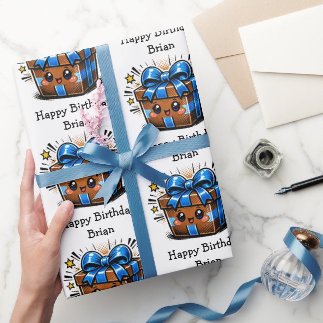 Papier Cadeau Brown and Blue Personalized Happy Birthday (Cadeaux)