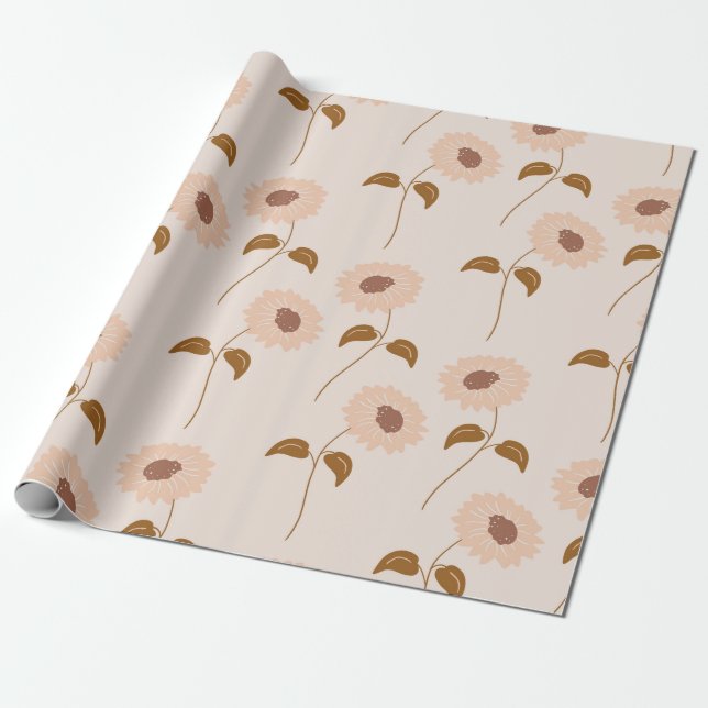 Papier Cadeau Brown Beige Retro Y2K Hippie Motif de tournesol (Déroulé)