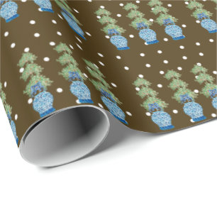 Papier Cadeau Brown Blue Chinoiserie Orange Topiary