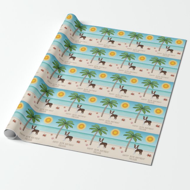 Papier Cadeau Brown Boston Terrier À Une Plage Tropicale D'Été (Déroulé)