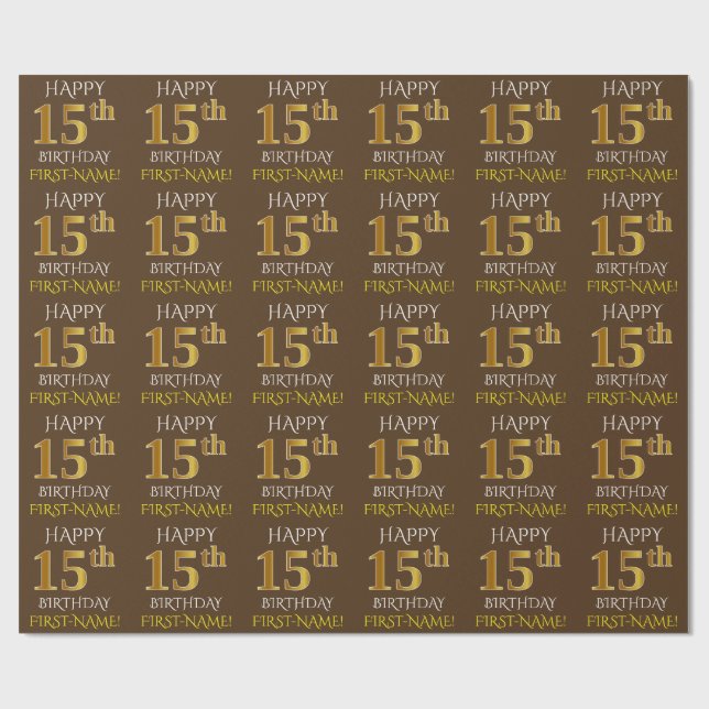 Papier Cadeau Brown, Faux Gold "HAPPY 15th BIRTHDAY" (Plat)