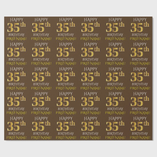 Papier Cadeau Brown, Faux Gold "HAPPY 35th BIRTHDAY" (Plat)