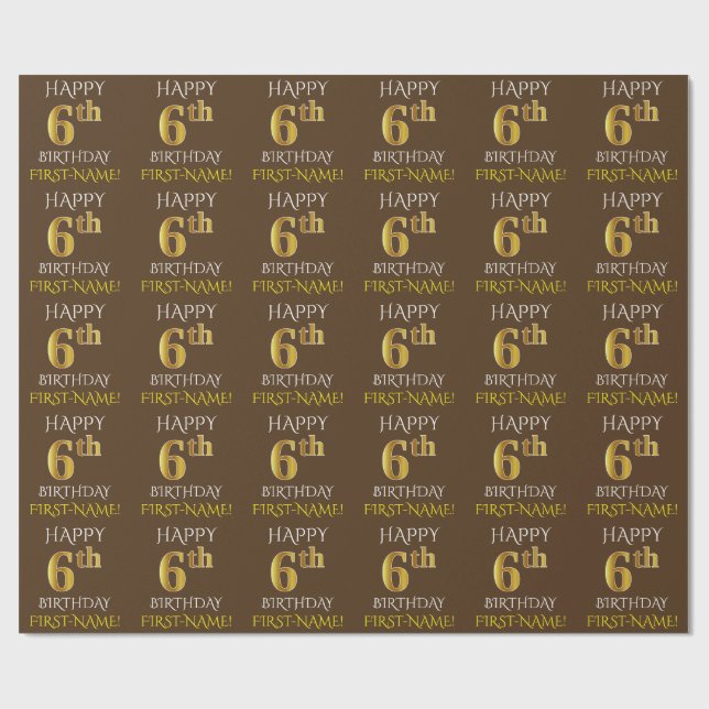Papier Cadeau Brown, Faux Gold "HAPPY 6th BIRTHDAY" (Plat)