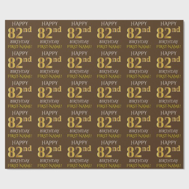Papier Cadeau Brown, Faux Gold "HAPPY 82nd BIRTHDAY" (Plat)
