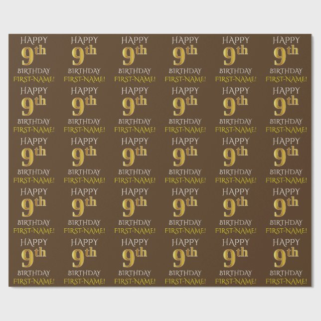 Papier Cadeau Brown, Faux Gold "HAPPY 9th BIRTHDAY" (Plat)