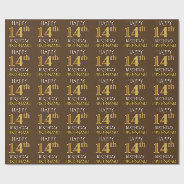 Papier Cadeau Brown, Faux Gold "HEUREUX 14ème anniversaire" (Plat)