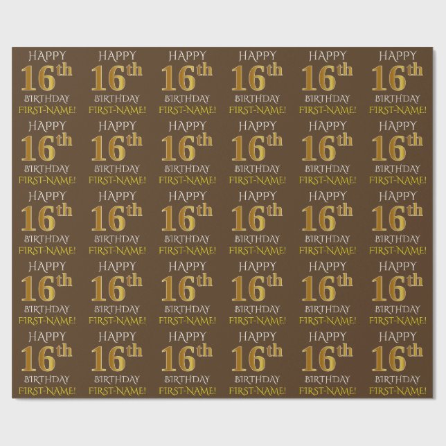 Papier Cadeau Brown, Faux Gold "HEUREUX 16ème anniversaire" (Plat)