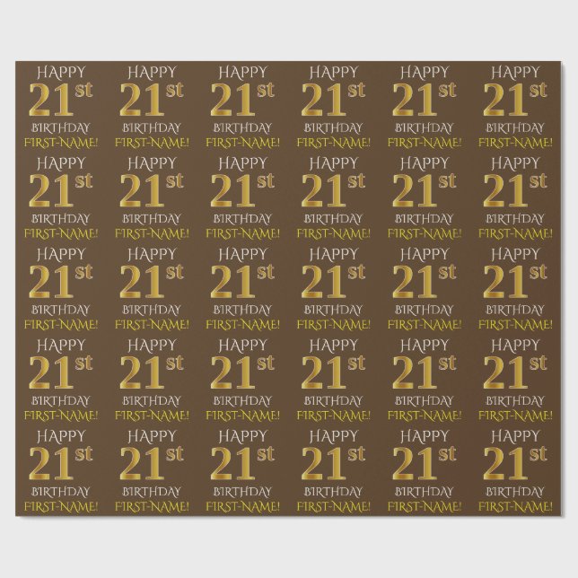 Papier Cadeau Brown, Faux Gold "HEUREUX 21ème anniversaire" (Plat)