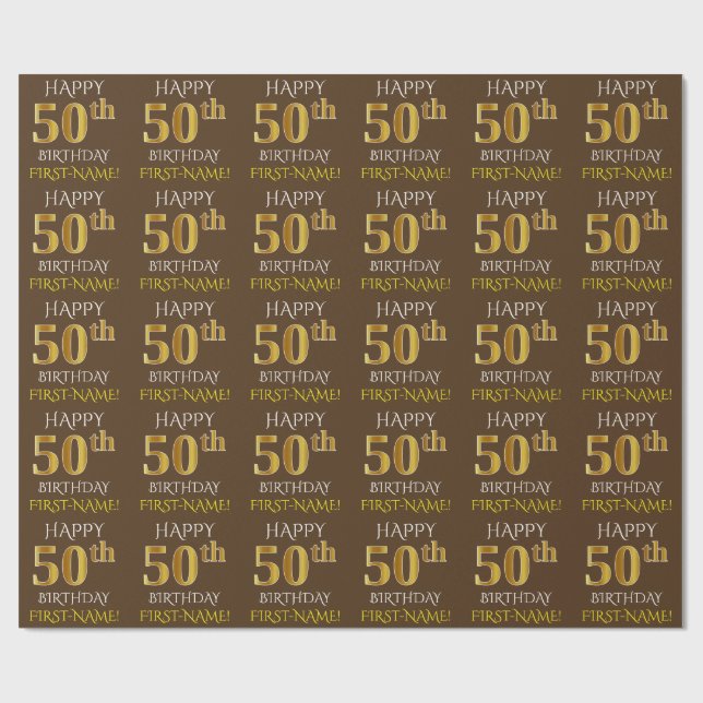 Papier Cadeau Brown, Faux Gold "HEUREUX 50e ANNIVERSAIRE" (Plat)