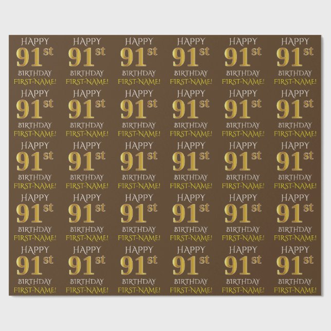 Papier Cadeau Brown, Faux Gold "HEUREUX 91ème anniversaire" (Plat)