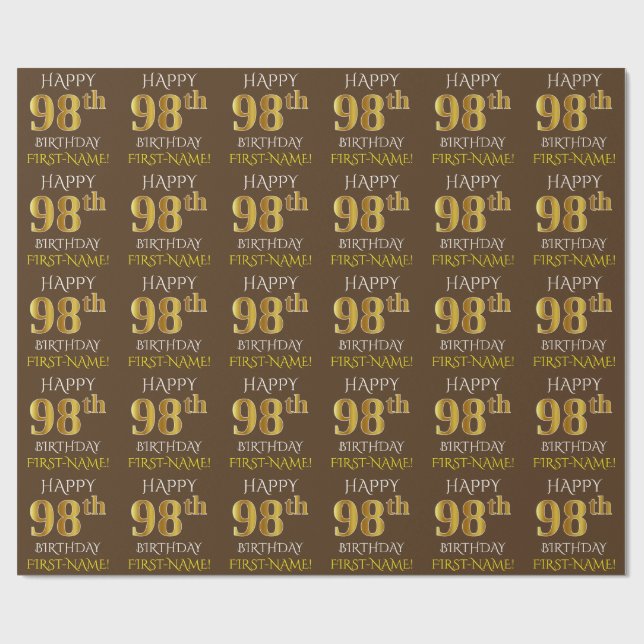 Papier Cadeau Brown, Faux Gold "HEUREUX 98e ANNIVERSAIRE" (Plat)