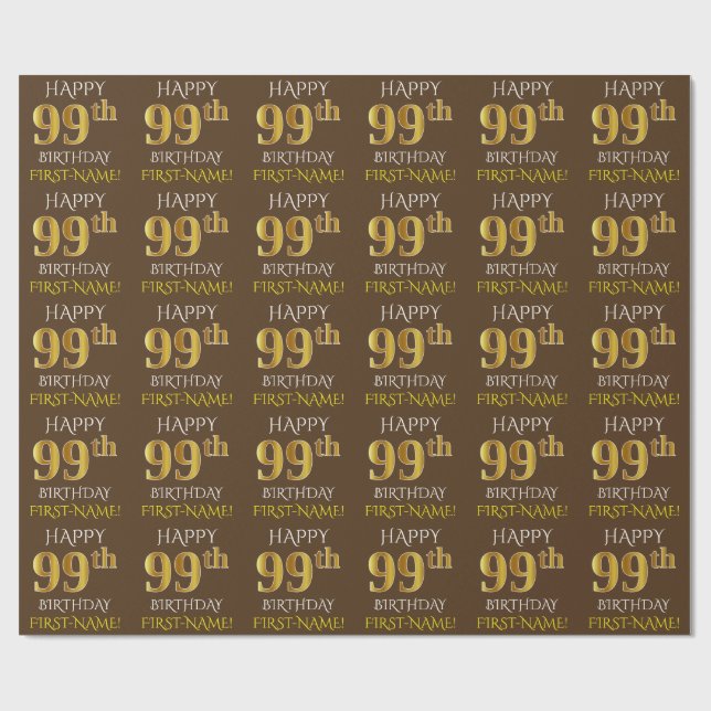Papier Cadeau Brown, Faux Gold "HEUREUX 99e ANNIVERSAIRE" (Plat)