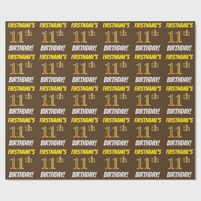 Papier Cadeau Brown, Faux/Imitation Gold, "11e ANNIVERSAIRE" (Plat)