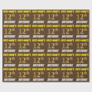 Papier Cadeau Brown, Faux/Imitation Gold, "12e anniversaire"