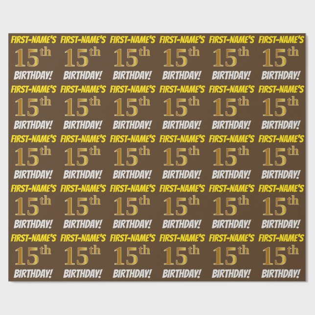 Papier Cadeau Brown, Faux/Imitation Gold, "15e anniversaire" (Plat)