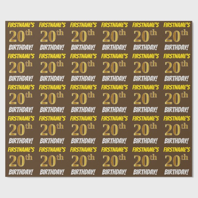 Papier Cadeau Brown, Faux/Imitation Gold, "20e ANNIVERSAIRE" (Plat)