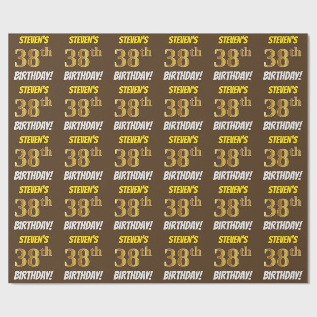 Papier Cadeau Brown, Faux/Imitation Gold, "38e ANNIVERSAIRE" (Plat)
