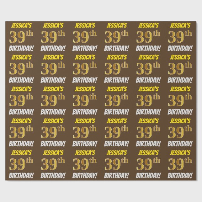 Papier Cadeau Brown, Faux/Imitation Gold, "39e ANNIVERSAIRE" (Plat)