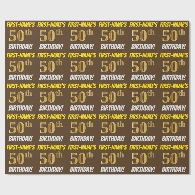 Papier Cadeau Brown, Faux/Imitation Gold, "50e ANNIVERSAIRE" (Plat)