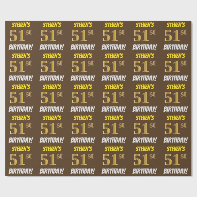 Papier Cadeau Brown, Faux/Imitation Gold, "51e ANNIVERSAIRE" (Plat)