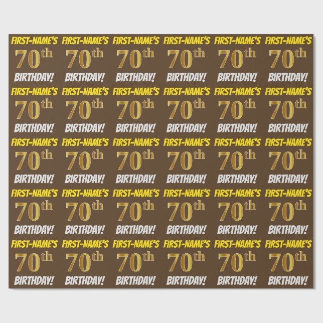 Papier Cadeau Brown, Faux/Imitation Gold, "70e ANNIVERSAIRE" (Plat)