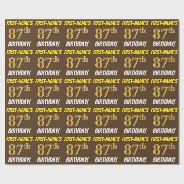 Papier Cadeau Brown, Faux/Imitation Gold, "87e ANNIVERSAIRE" (Plat)