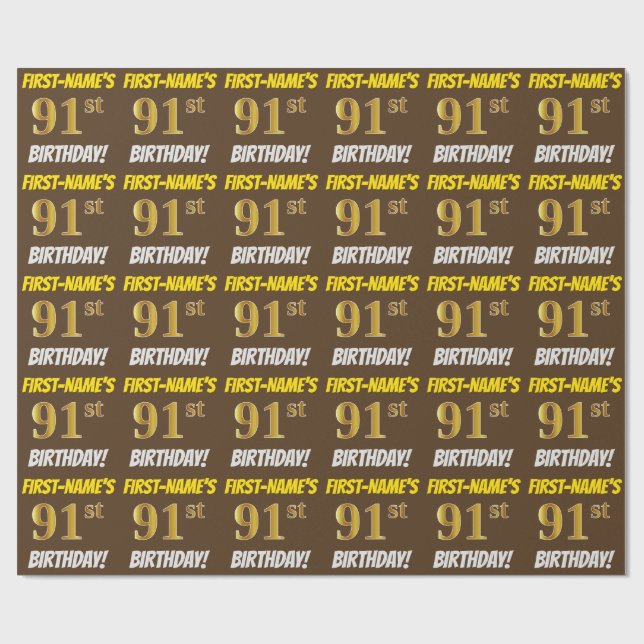 Papier Cadeau Brown, Faux/Imitation Gold, "91e ANNIVERSAIRE" (Plat)