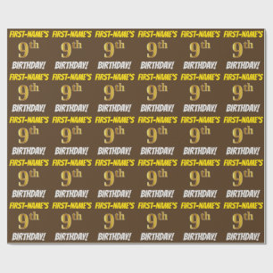Papier Cadeau Brown, Faux/Imitation Gold, "9e anniversaire"