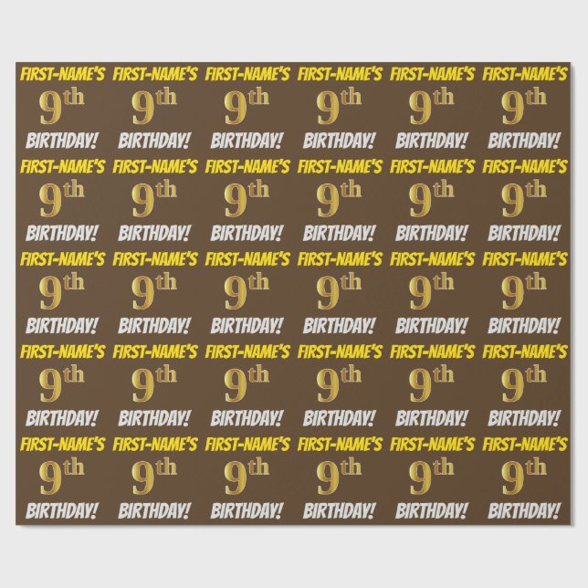 Papier Cadeau Brown, Faux/Imitation Gold, "9e anniversaire" (Plat)