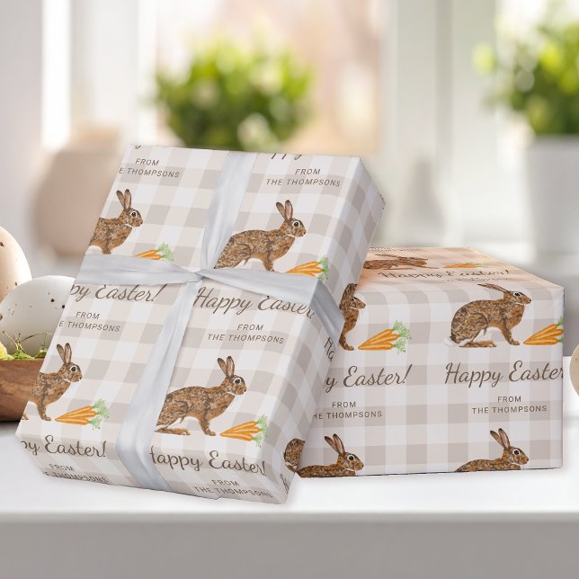Papier Cadeau Brown Hare And Carrots Happy Easter Beige Gingham (Créateur téléchargé)