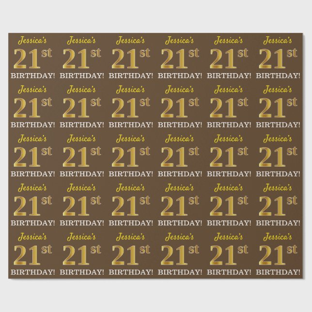 Papier Cadeau Brown, Imitation Gold Look "21ème anniversaire" (Plat)