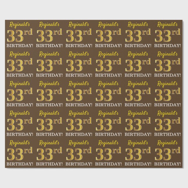 Papier Cadeau Brown, Imitation Gold Look "33ème anniversaire" (Plat)