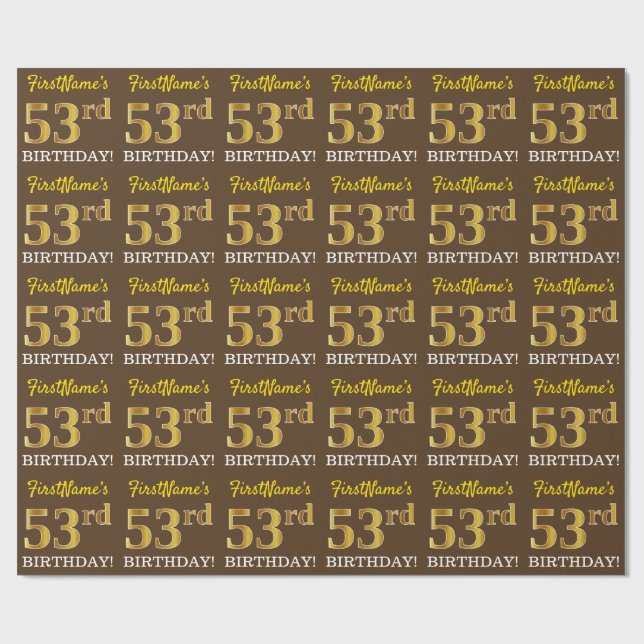 Papier Cadeau Brown, Imitation Gold Look "53ème anniversaire" (Plat)