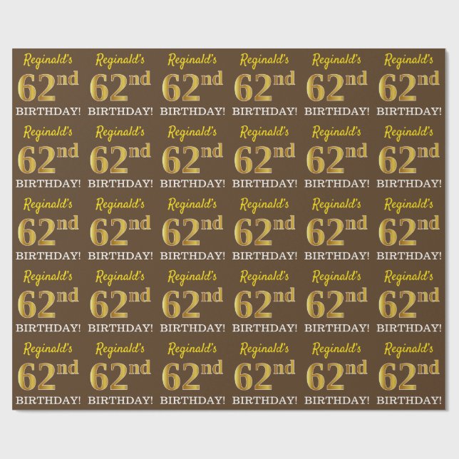 Papier Cadeau Brown, Imitation Gold Look "62e anniversaire" (Plat)