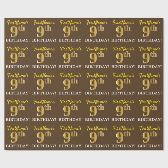 Papier Cadeau Brown, Imitation Gold Look "9e anniversaire" (Plat)
