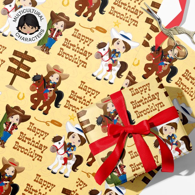 Papier Cadeau Brunette Cowgirl Papier d'enveloppement personnali (Créateur téléchargé)
