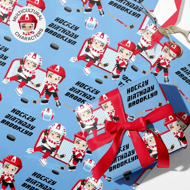 Papier Cadeau Brunette Fille Hockey Anniversaire Personnalisé (Créateur téléchargé)