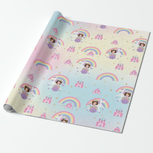 Papier Cadeau Brunette Princess et Unicorn Rainbow Birthday