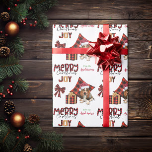 Papier Cadeau Buffalo Plaid Basset Hound Chiot Noël
