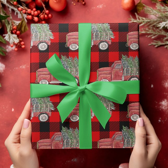 Papier Cadeau Buffalo Plaid Christmas Truck Rustic Country (Créateur téléchargé)