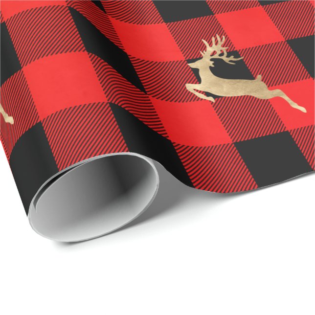 Papier Cadeau Buffalo Plaid Lomberjack Christmas Deer Gold Red (Coin rond)