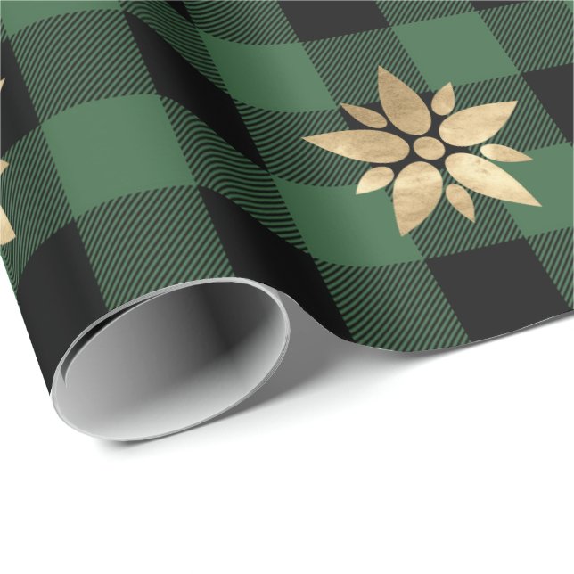 Papier Cadeau Buffalo Plaid Lomberjack Étoiles de Noël Vert (Coin rond)