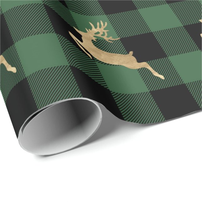 Papier Cadeau Buffalo Plaid Lomberjack Gold Reinder Green Wood (Coin rond)